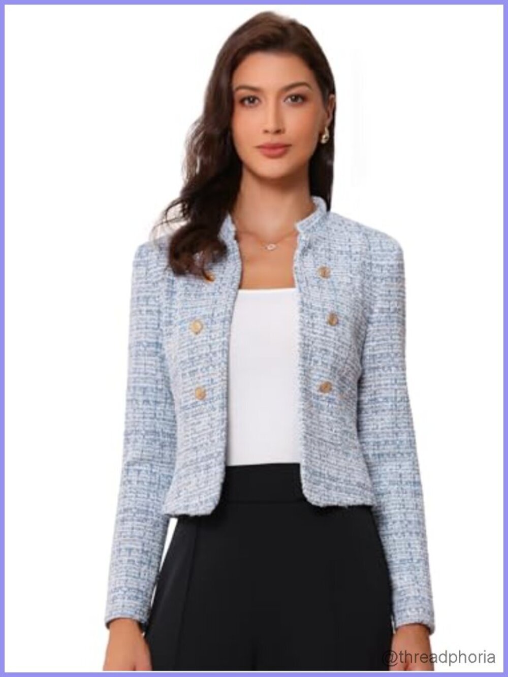 Vintage Tweed Stand Collar Cropped Blazer Jacket Business Office